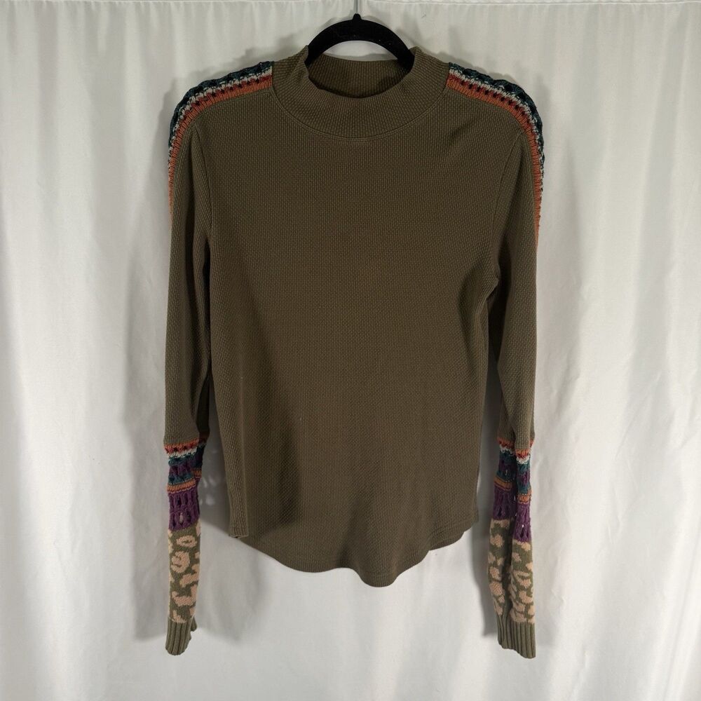 Free People Top Women's Large Green Knit Sleeve Mock Neck Long Sleeve Textured